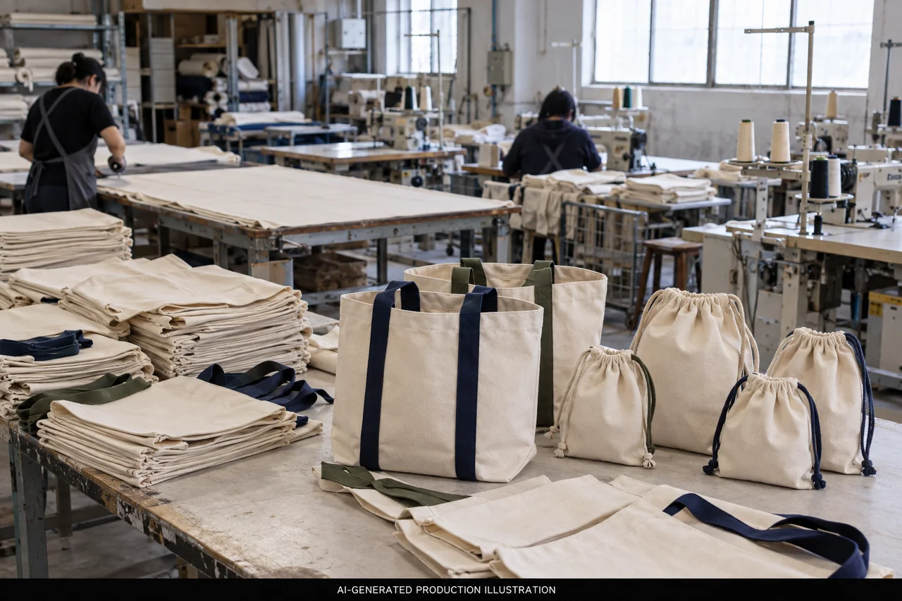 Reusable Bags & Pouches production concept. AI-generated production illustration — not a photograph of our factory.
