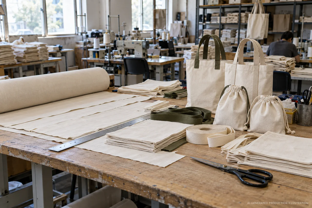 Reusable Bags & Pouches — Material and specification review. AI-generated illustration, not an actual factory photograph.