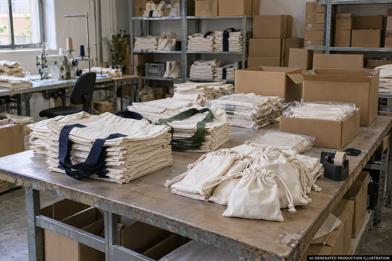 Reusable Bags & Pouches — Packing and dispatch planning. AI-generated illustration, not an actual factory photograph.