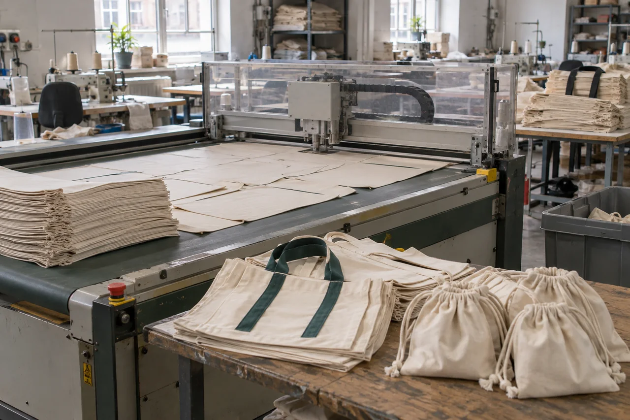 Reusable Bags & Pouches — Illustrated production route. AI-generated illustration, not an actual factory photograph.
