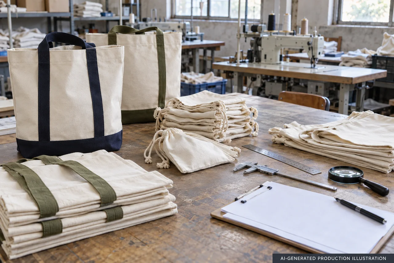 Reusable Bags & Pouches — Sample and inspection planning. AI-generated illustration, not an actual factory photograph.
